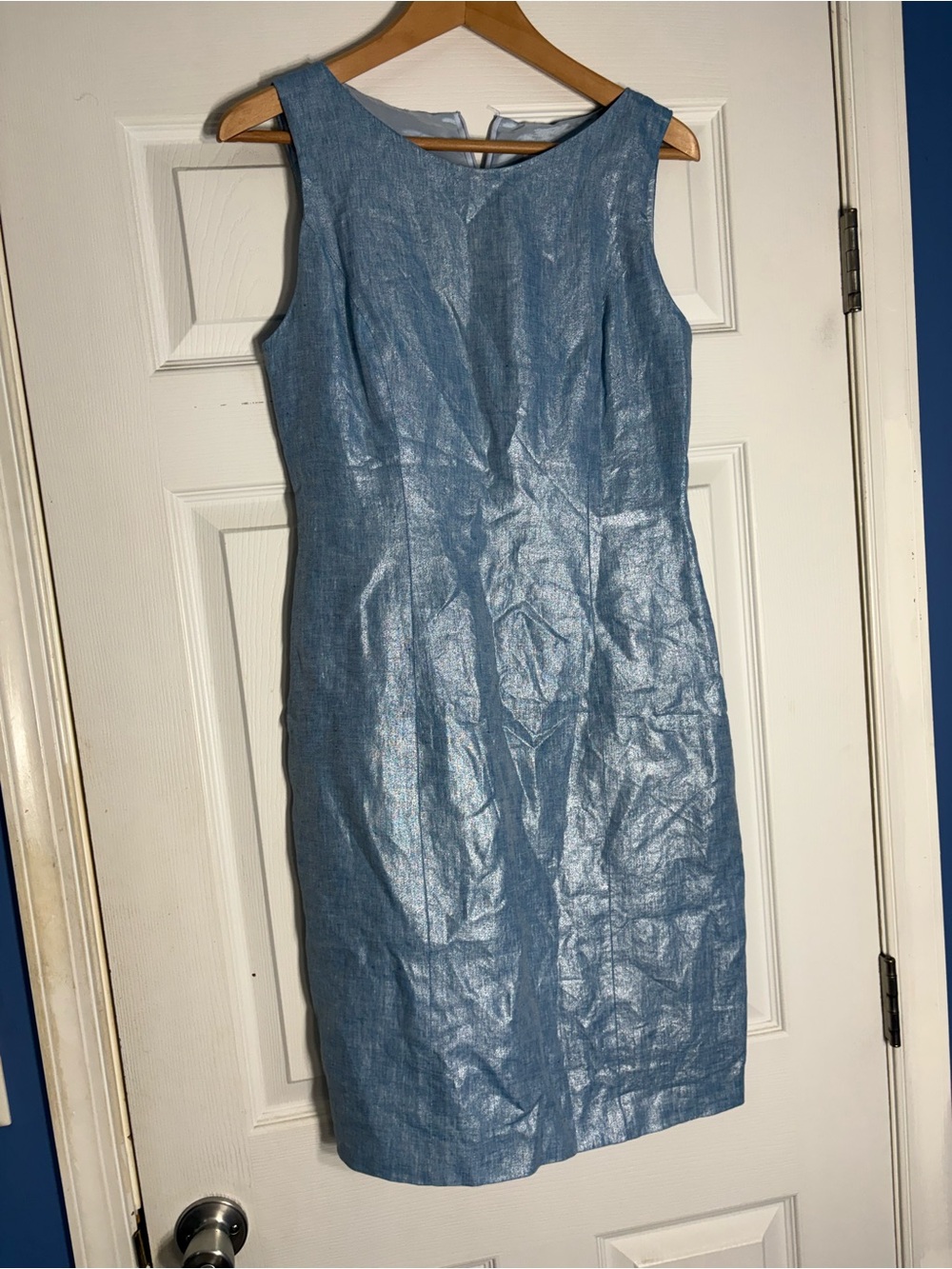 Sleeveless Shimmer Sheath Dress in Light Blue